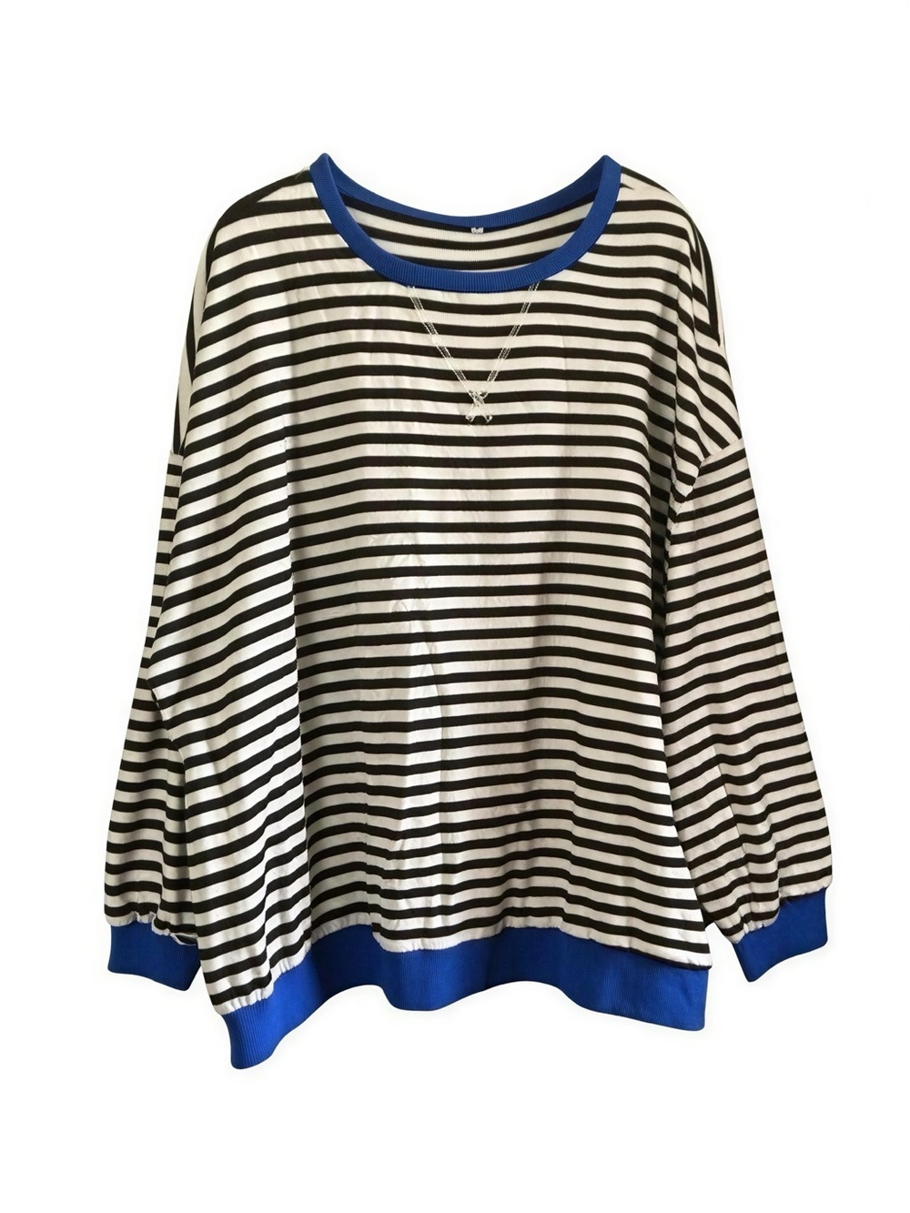 Women's Black & White Striped Pullover Sweatshirt with Blue Trim